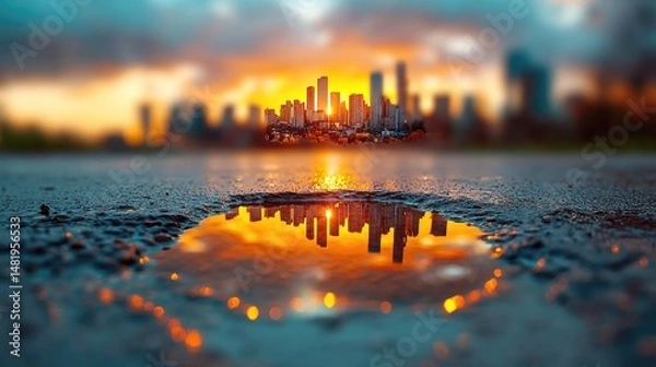 Obraz A flipped city reflected in the surface of a puddle, with dramatic cloud formations above
