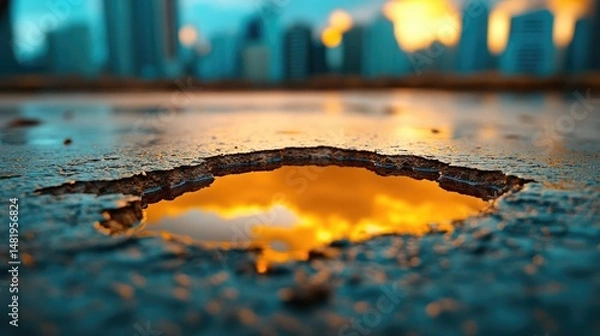 Obraz A flipped cityscape seen through the surface of a giant, still puddle in a square