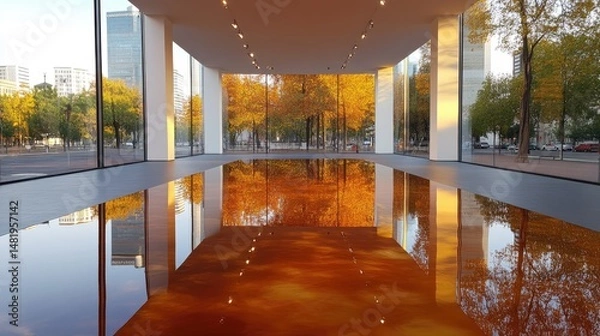 Obraz A flipped skyline, mirrored in a glossy black surface of a modern art installation