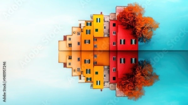 Obraz A flipped town reflected in the water of a glassy river, creating a dreamlike effect