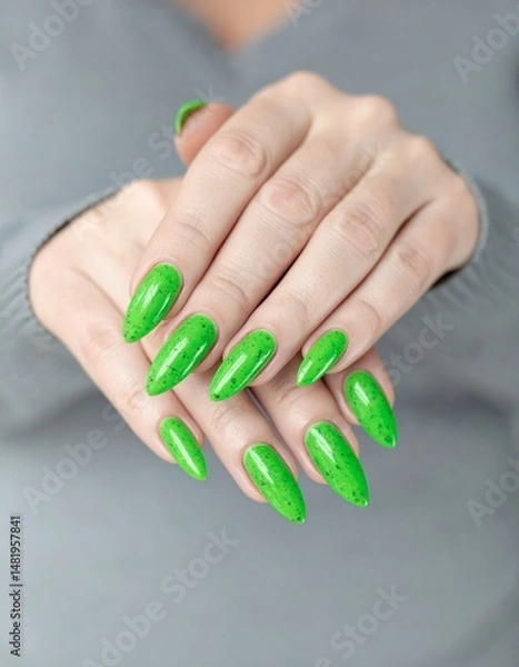 Fototapeta Close-up of a woman's hands showcasing bright green nail polish, a fresh and vibrant manicure.