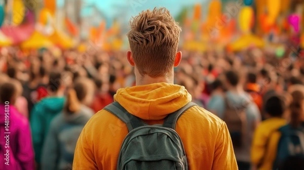 Fototapeta A focused individual in a vibrant crowd scene, with everything around them washed out in blur.