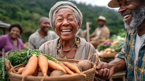 Obraz Portrait of a smiling senior woman holding a basket full of fresh vegetables