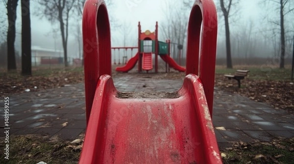 Obraz A foggy playground in the early morning, with no children playing, just the silent equipment.