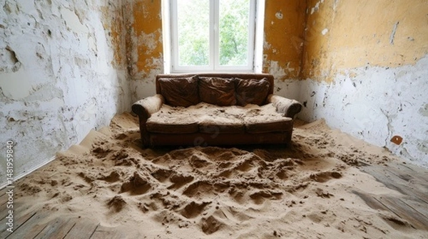 Obraz A forgotten room filled with sand, with old, unused furniture buried under the weight of time.