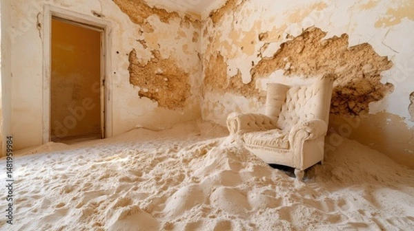 Obraz A forgotten room filled with sand, with old, unused furniture buried under the weight of time.