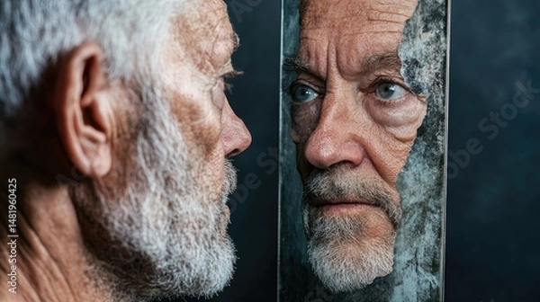 Obraz A frail old man looks into the mirror and sees himself as a young, energetic man.
