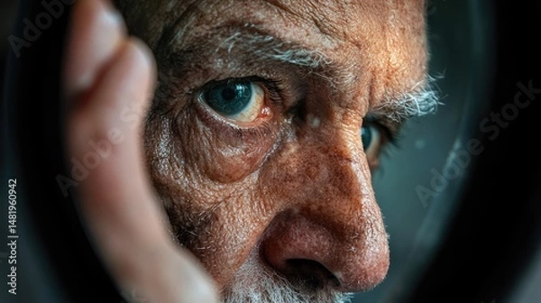 Obraz A frail old man watches as his reflection in the mirror shows him as a young and carefree individual.