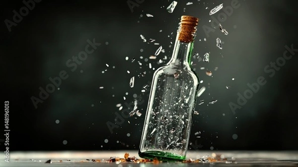 Obraz A freeze-frame of a glass bottle splitting open, shards suspended in space.