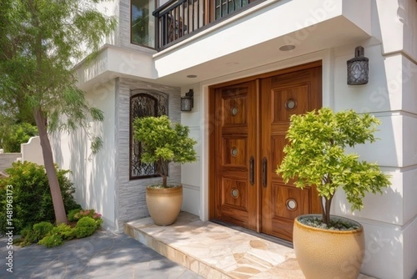 Fototapeta Modern House Exterior with Wooden Entryways and Landscaping