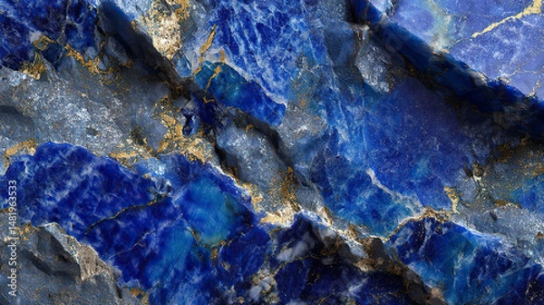 Fototapeta Lapis lazuli texture, deep blue mineral stone with golden veins, natural crystal background.
