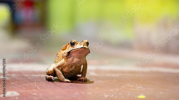 Obraz Asian black spined toad, Duttaphrynus melanostictus, invasive amphibian reptile, yellow brown color, dark spots and warts, India