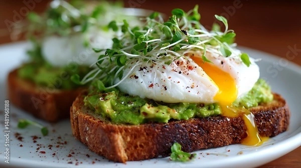 Fototapeta Avocado Toast with Poached Eggs
