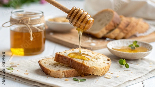 Fototapeta Fresh Bread Slice with Honey Drizzle and Jars on Wooden Table in Bright Setting