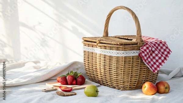 Fototapeta Picnic Basket with Fresh Fruits and Strawberries on White Background
