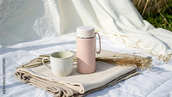 Fototapeta Stylish Pink Thermos and Mug on Textiles with Dried Flowers in Natural Setting