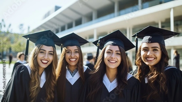 Obraz Four women in graduation gowns standing outside a building, smiling and posing for a photo.