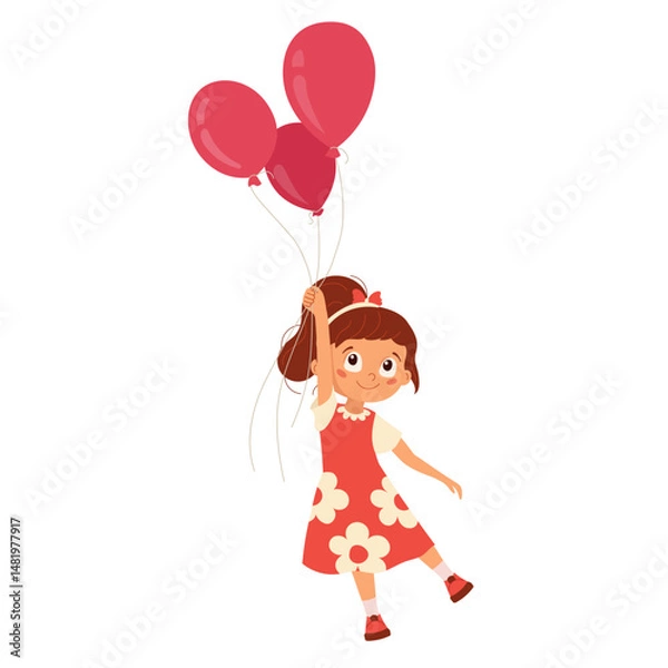 Fototapeta Happy little girl in red dress holding balloons Cheerful child character playing with ballon Cartoon design element for kids celebration design, greeting cards, poster, flyer party Vector illustration