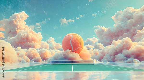 Fototapeta Surreal tennis court scene with a giant ball amongst fluffy clouds.