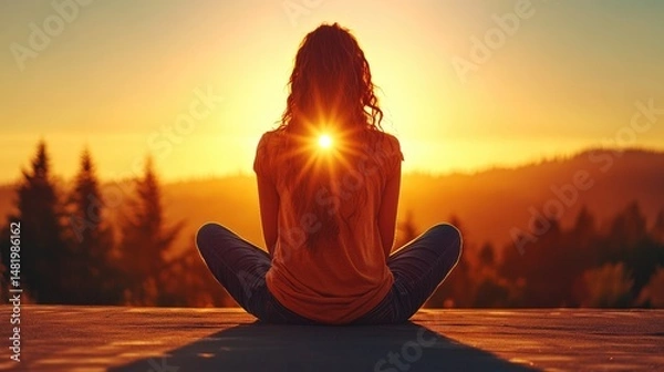 Obraz A person sitting on a rooftop with a sunset view, yet no shadow on the ground or roof