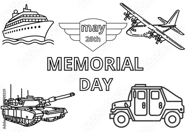 Fototapeta american memorial day coloring sheet page; black & white image with military objects and words isolated over white background