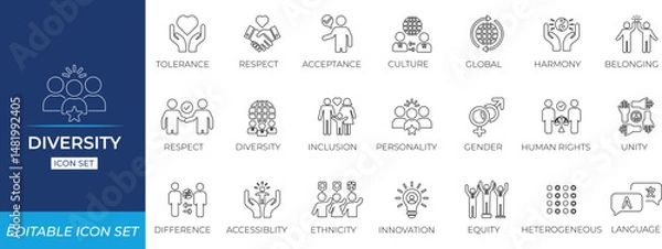 Fototapeta Diversity line icon set, Solid line icon collection.