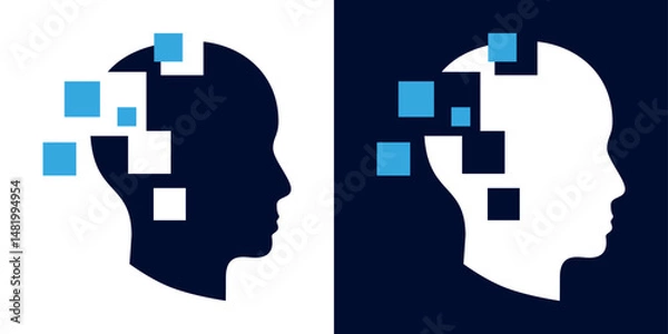 Fototapeta AI head silhouette logo with digital square elements. Abstract profile symbol for artificial intelligence and tech.