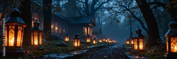 Fototapeta Glowing Lanterns in a Mysterious Cemetery at Night Illuminating the Dark with Warm Light