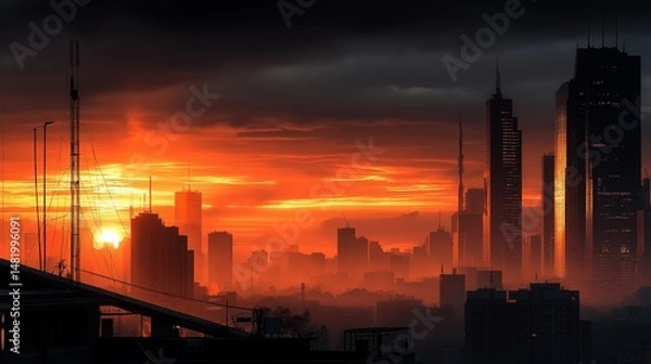 Obraz Dramatic sunset over a futuristic city skyline.