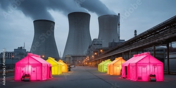 Obraz Colorful tents in front of cooling towers at an industrial site.