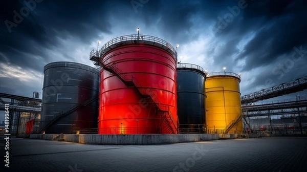 Obraz Industrial storage tanks under a dramatic sky.
