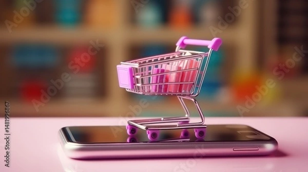 Fototapeta A small purple shopping cart with a pink handle sits on a smartphone screen, with a blurred background of a store shelf.