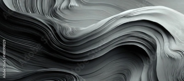 Fototapeta Abstract grayscale 3D wave texture with flowing black and white lines