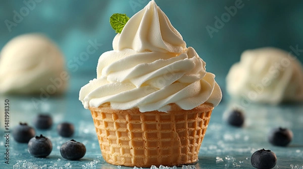 Fototapeta Creamy vanilla soft serve ice cream in a waffle cone, decorated with fresh mint leaf, surrounded by blueberries and other ice cream balls.