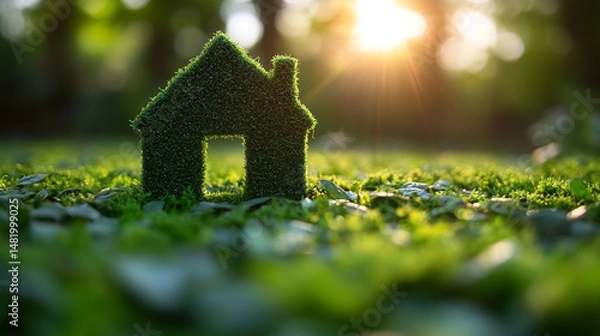 Fototapeta Eco-friendly home symbol in a grassy field, sunlight shining through trees.