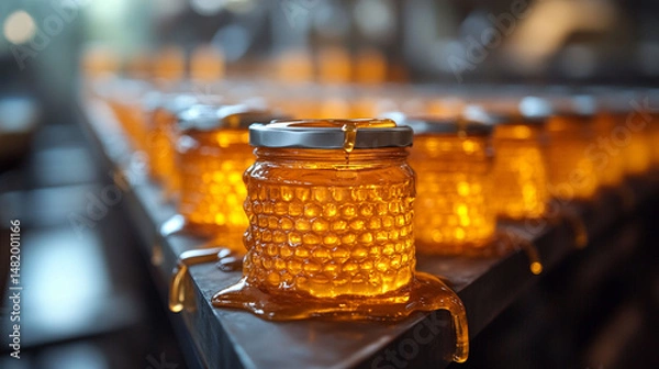Fototapeta Honey jars dripping with honey on a conveyor belt in a food processing facility.