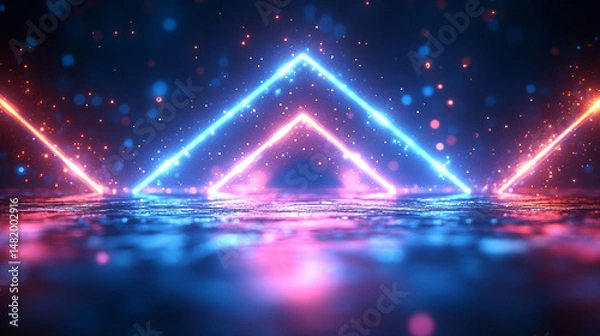 Fototapeta Abstract neon triangles on a textured surface with glowing particles.