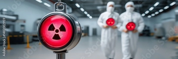 Obraz Radiation suits emergency concept. Nuclear safety workers in protective suits with warning sign.