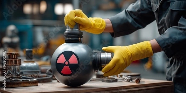 Obraz Radiation suits emergency concept. Worker handling a gas mask in a workshop setting.