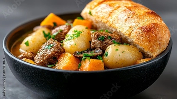 Obraz Beef Stew in Black Bowl with Bread