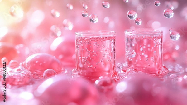 Fototapeta Two clear cylindrical glasses filled with a pink, bubbly liquid, surrounded by large, pink bubbles and water droplets; vibrant, soft, and artistic.