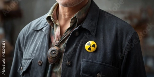 Obraz Radiation suits emergency concept. A rugged man wearing a radiation symbol badge.
