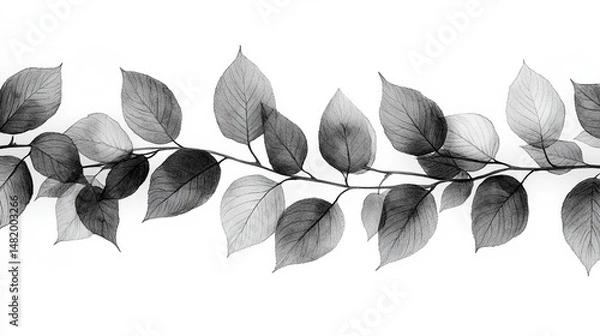 Fototapeta Delicate grayscale leaves on a branch, subtly textured and soft.