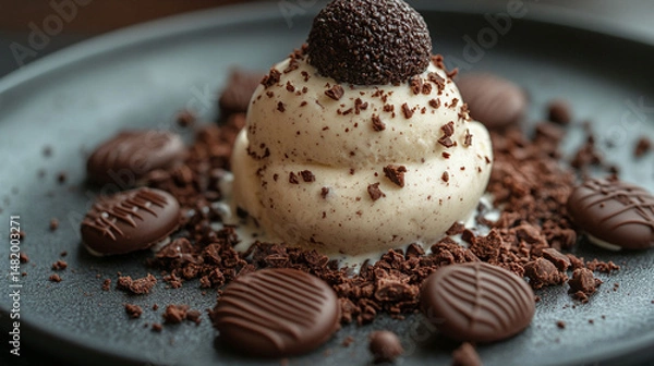 Fototapeta Creamy vanilla ice cream topped with a chocolate truffle, garnished with chopped chocolate pieces and chocolate candies.