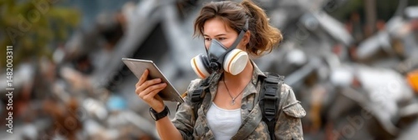 Obraz Radiation suits emergency concept. Woman in a mask using a tablet in a chaotic environment
