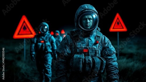 Obraz Radiation suits emergency concept. Astronauts in a dark landscape with warning signs.