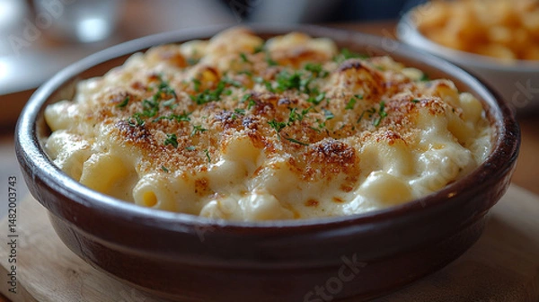 Fototapeta Creamy, cheesy, and crispy baked mac and cheese in a brown bowl, topped with fresh parsley and breadcrumbs.