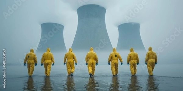 Obraz Radiation suits emergency concept. Workers in yellow suits near cooling towers in foggy setting