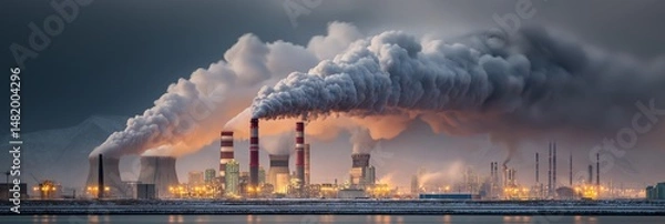 Obraz Radiation suits emergency concept. Industrial landscape with smoke and pollution from factories.