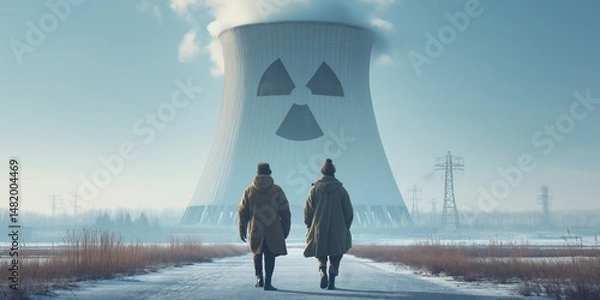 Obraz Radiation suits emergency concept. Two figures walk towards a cooling tower in winter landscape.